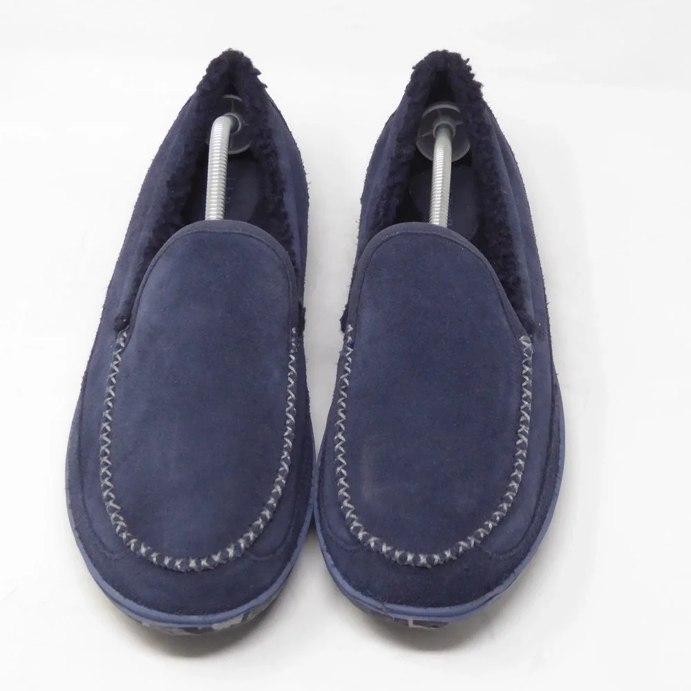 LL Bean Mens Mountain Slippers Navy Suede Fleece Lined Moccasins Size 12